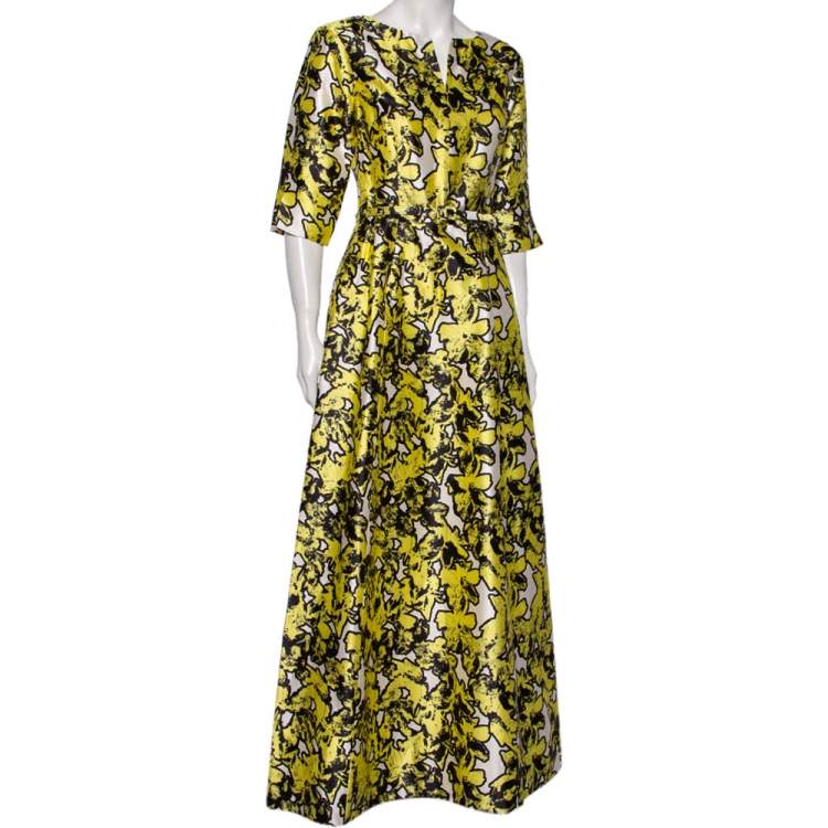 Pre Owned Oscar de la Renta Yellow Printed Silk Belted Maxi Dress M