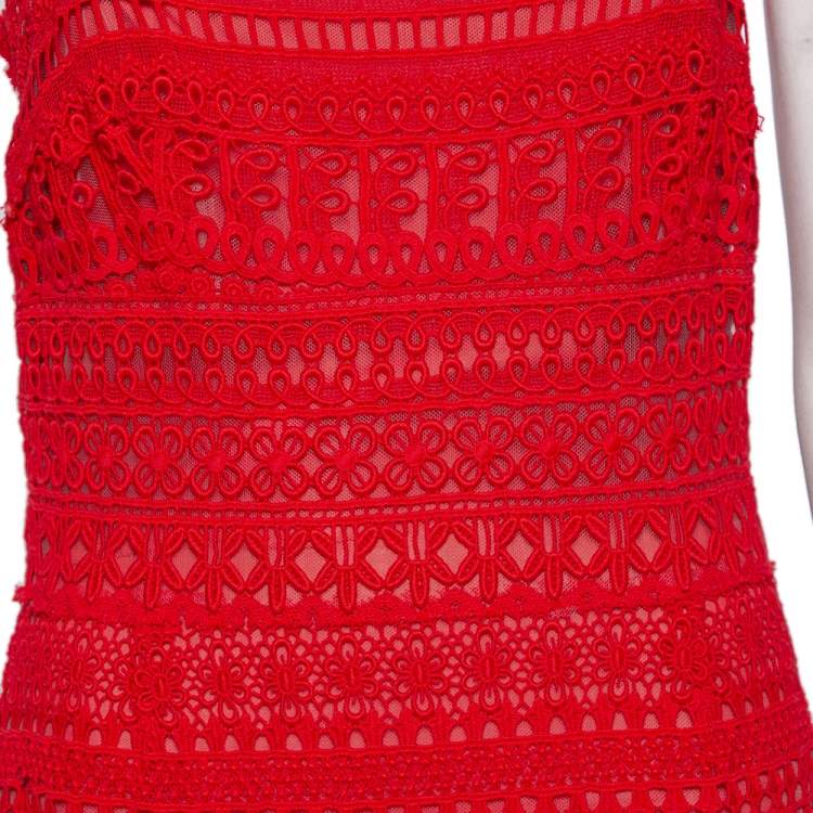 Pre Owned Oscar de la Renta Red Guipure Lace & Ruffled Silk Trimmed Cockail Dress L