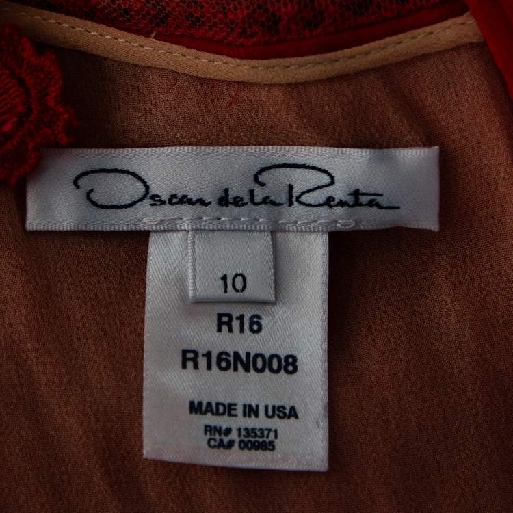 Pre Owned Oscar de la Renta Red Guipure Lace & Ruffled Silk Trimmed Cockail Dress L