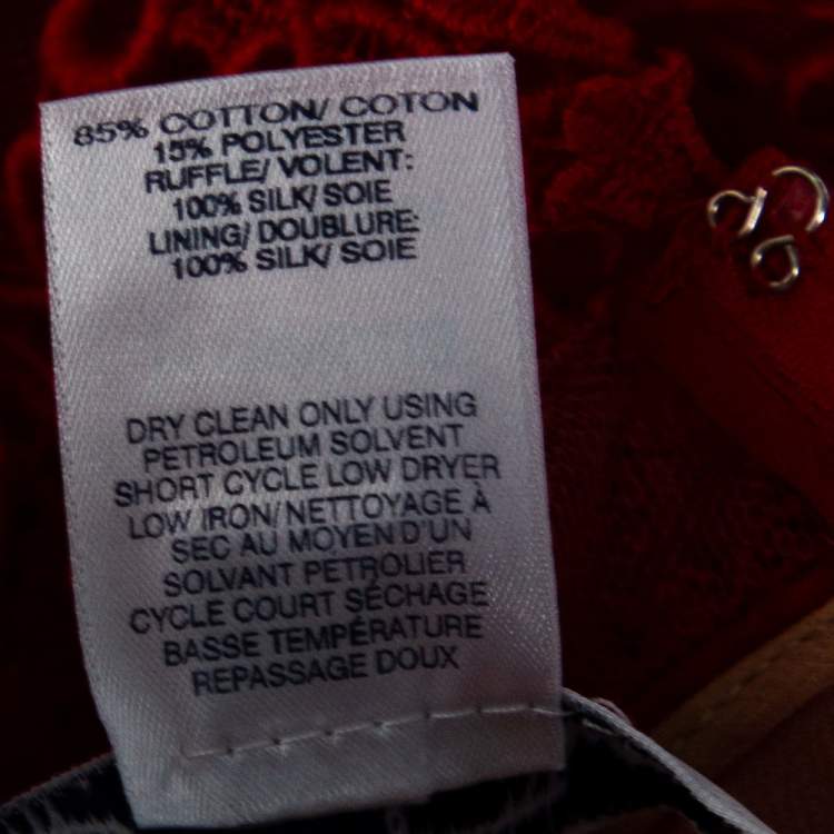 Pre Owned Oscar de la Renta Red Guipure Lace & Ruffled Silk Trimmed Cockail Dress L
