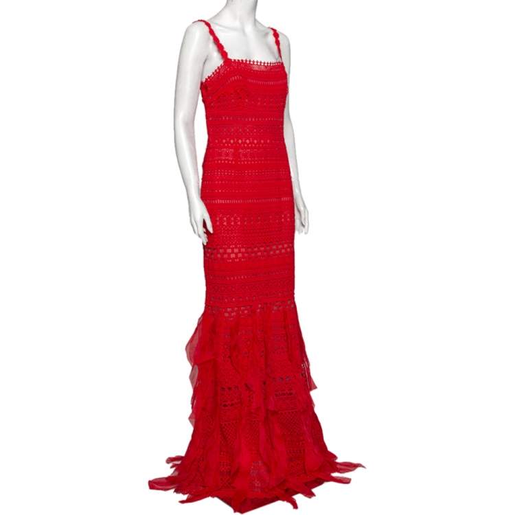 Pre Owned Oscar de la Renta Red Guipure Lace & Ruffled Silk Trimmed Cockail Dress L