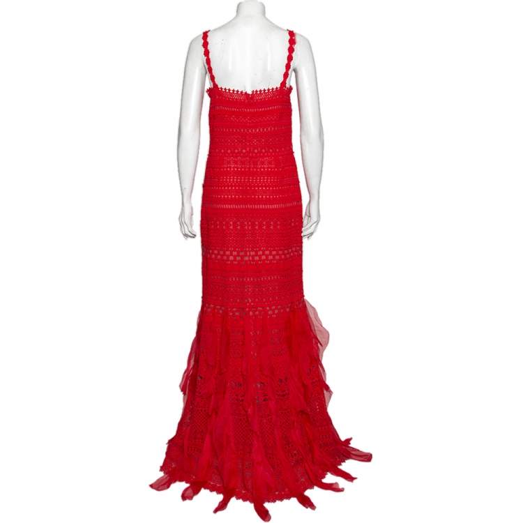 Pre Owned Oscar de la Renta Red Guipure Lace & Ruffled Silk Trimmed Cockail Dress L