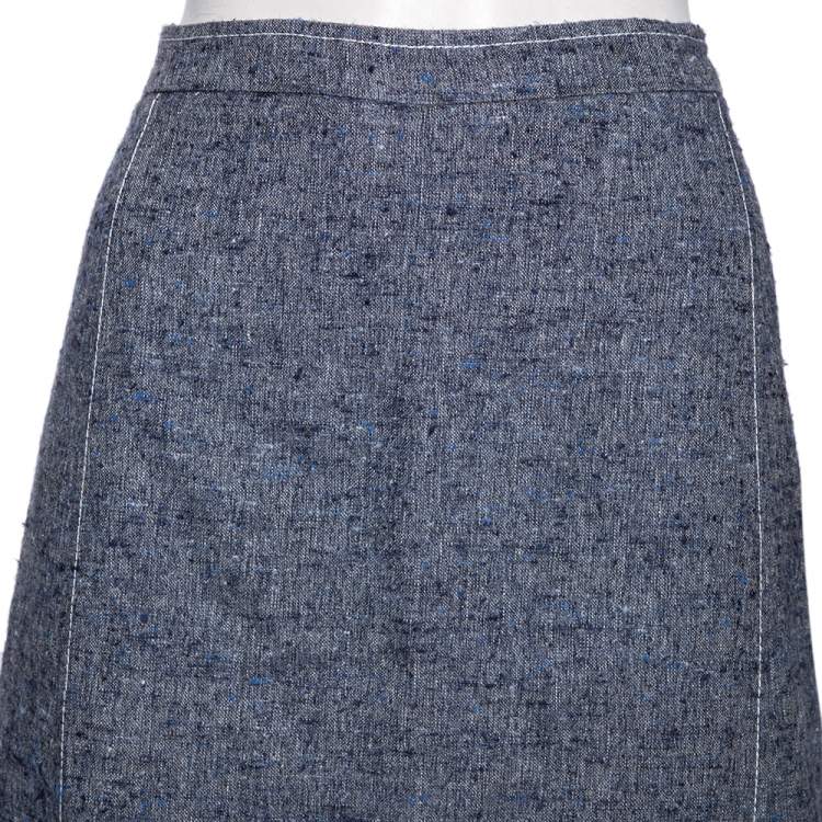 Pre Owned Oscar de la Renta Blue Silk & Linen Lace Trimmed Skirt MTO
