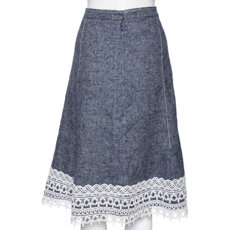 Pre Owned Oscar de la Renta Blue Silk & Linen Lace Trimmed Skirt MTO