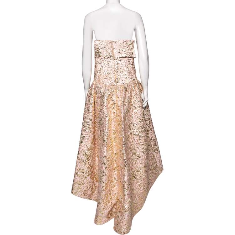 Pre Owned Oscar De La Renta Pink and Gold Brocade Strapless Asymmetrical Gown S