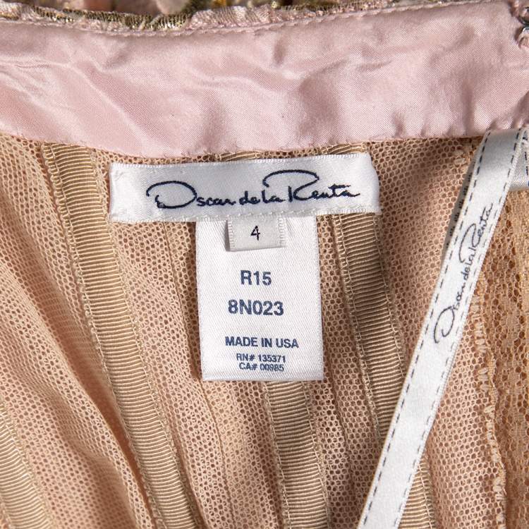 Pre Owned Oscar De La Renta Pink and Gold Brocade Strapless Asymmetrical Gown S