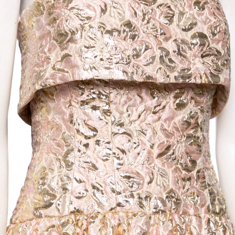 Pre Owned Oscar De La Renta Pink and Gold Brocade Strapless Asymmetrical Gown S