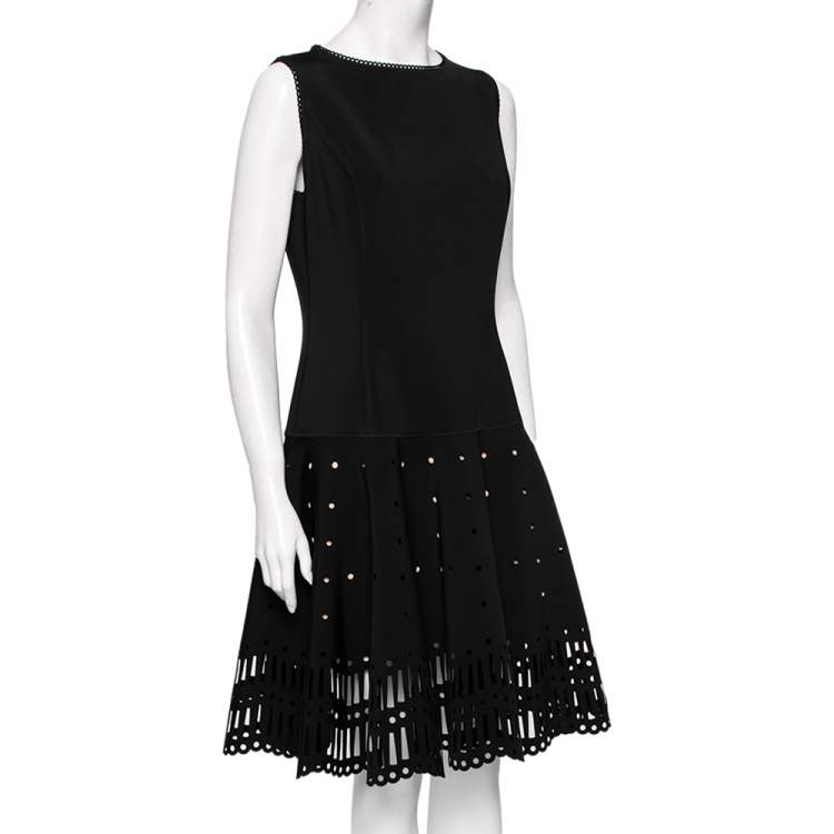 Pre Owned Oscar de la Renta Black Neoprene  Laser Cut Patterned Dress L 