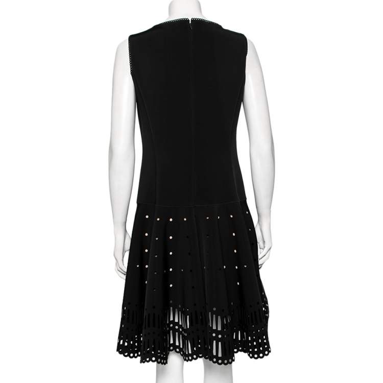 Pre Owned Oscar de la Renta Black Neoprene  Laser Cut Patterned Dress L 