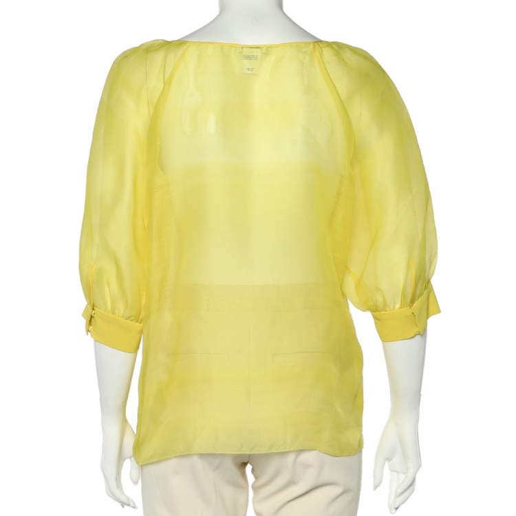 Pre Owned Oscar De La Renta Yellow Silk Organza Ruffle Detail Sheer Top L