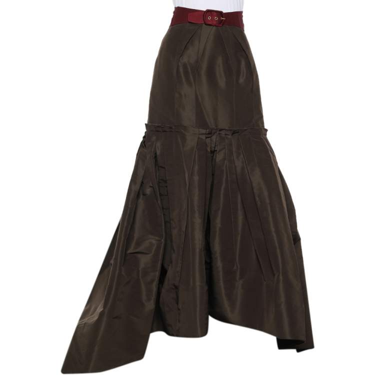 Pre Owned Oscar de la Renta Brown Silk Taffeta Pleated Detail Maxi Skirt L