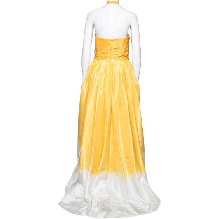 Pre Owned Oscar de la Renta Yellow Dip-Dyed Silk Taffeta Ruched Strapless Gown L