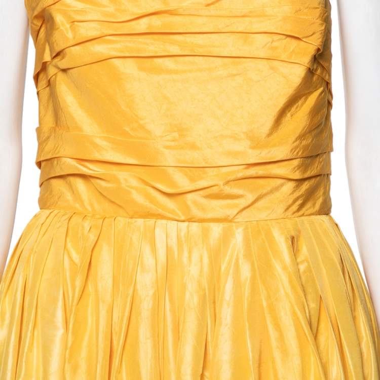 Pre Owned Oscar de la Renta Yellow Dip-Dyed Silk Taffeta Ruched Strapless Gown L