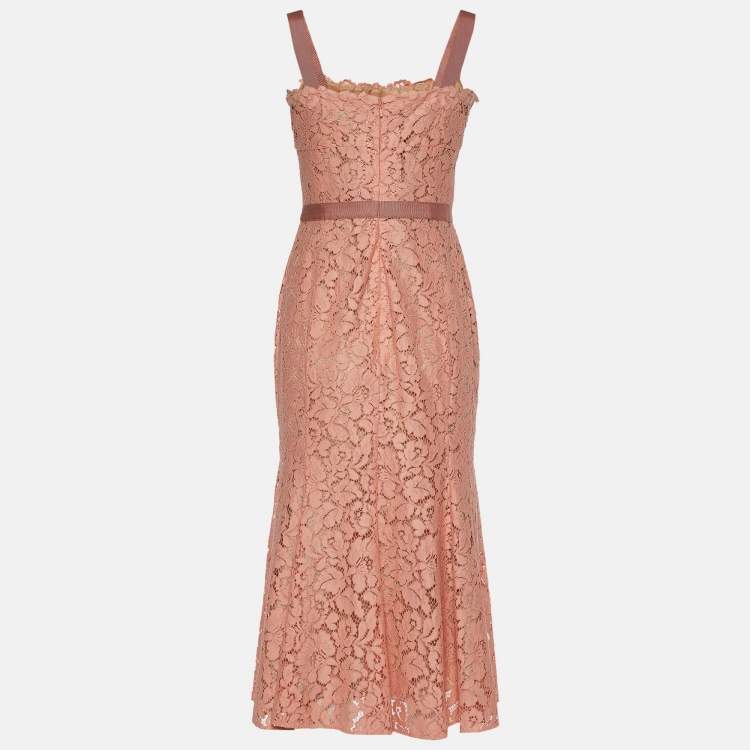 Pre Owned Oscar de la Renta Peach Floral Lace Fluted Hem Sleeveless Dress L