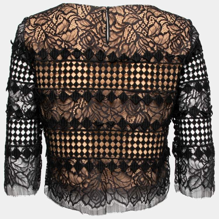 Pre Owned Oscar de la Renta Black Guipure Lace Round Neck Cropped Top S