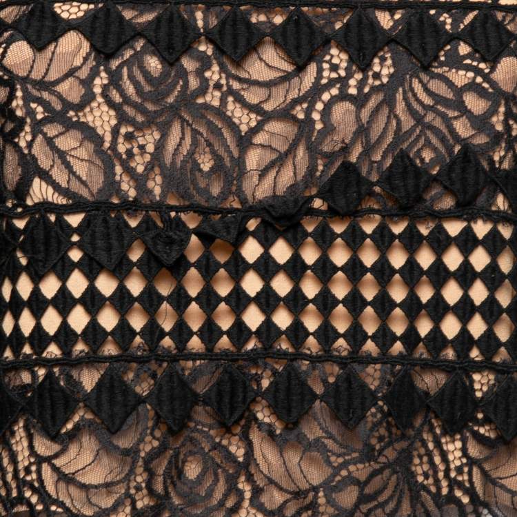 Pre Owned Oscar de la Renta Black Guipure Lace Round Neck Cropped Top S