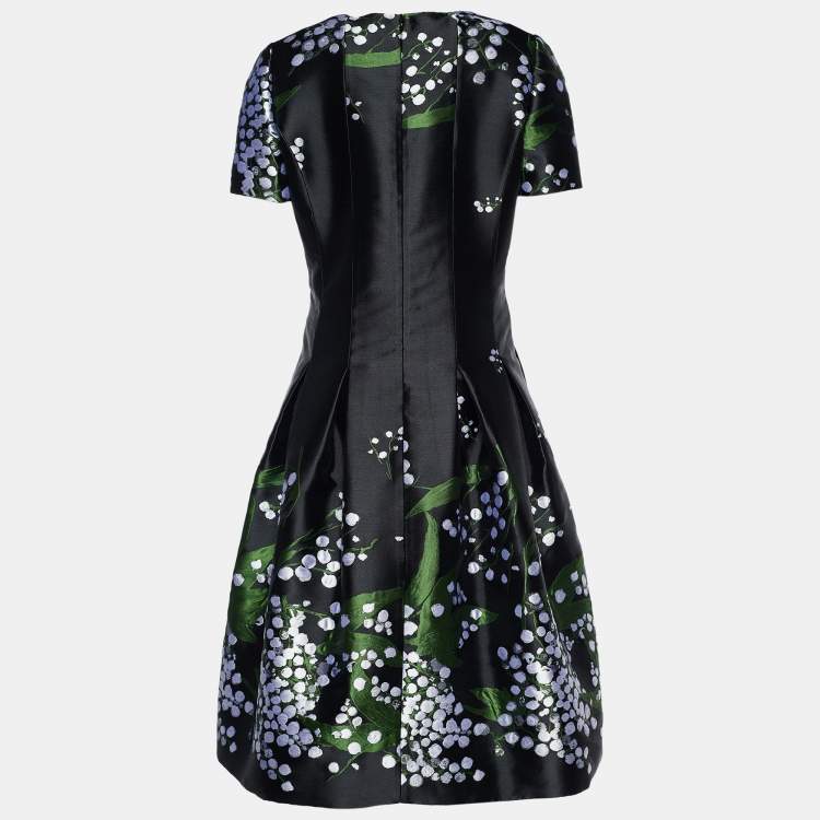 Pre Owned Oscar de la Renta Black Silk Floral Jacquard Flared Dress XL