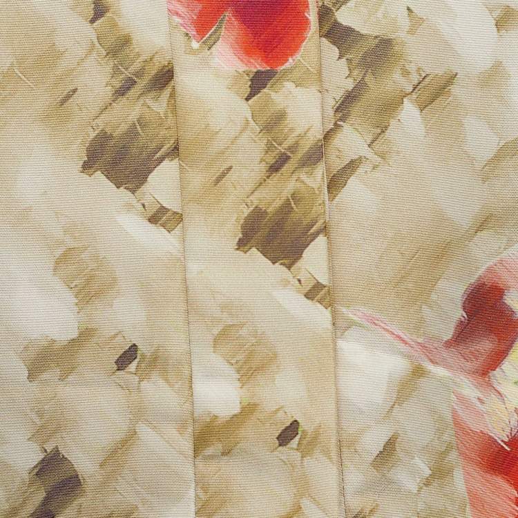 Pre Owned Oscar de la Renta Beige Brushstroke Print Silk Midi Dress XL