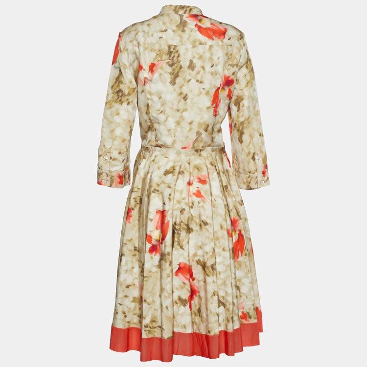 Pre Owned Oscar de la Renta Beige Brushstroke Print Silk Midi Dress XL