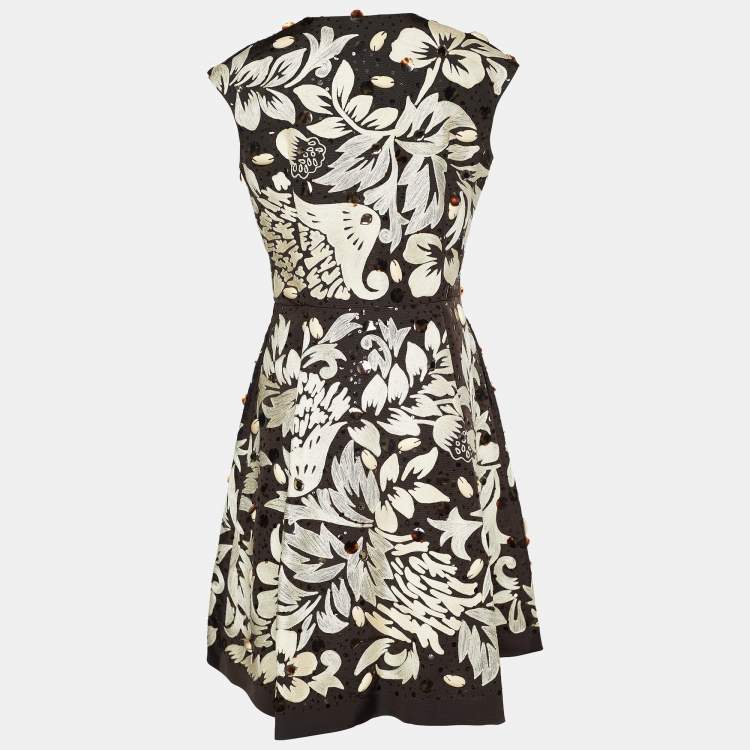 Pre Owned Oscar de la Renta Brown Silk Embellished Sleeveless Dress L
