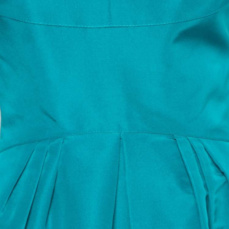 Pre Owned Oscar de la Renta Teal Silk Sleeveless Pleated Dress M