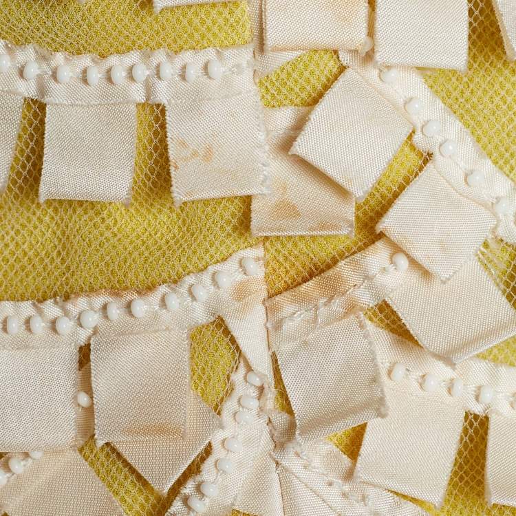 Pre Owned Oscar de la Renta Cream & Yellow Embellished Tulle Sleeveless Dress L