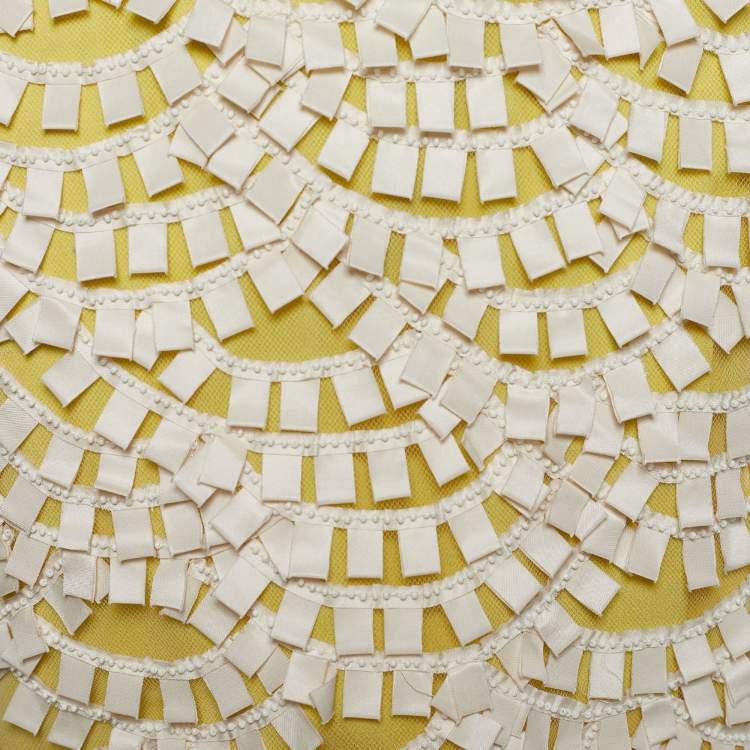 Pre Owned Oscar de la Renta Cream & Yellow Embellished Tulle Sleeveless Dress L
