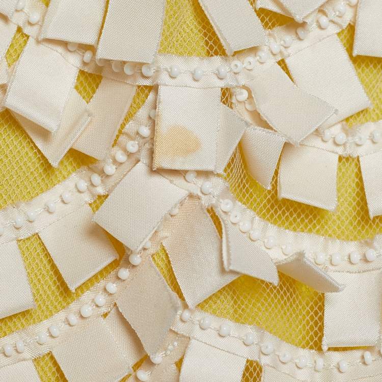 Pre Owned Oscar de la Renta Cream & Yellow Embellished Tulle Sleeveless Dress L
