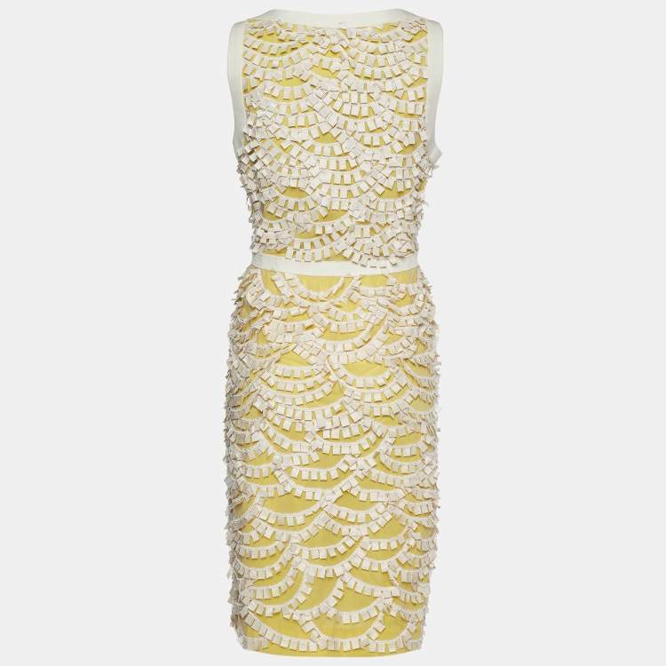 Pre Owned Oscar de la Renta Cream & Yellow Embellished Tulle Sleeveless Dress L
