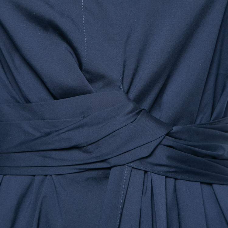 Pre Owned Oscar de la Renta Navy Blue Cotton Pleated Sleeveless Top XS