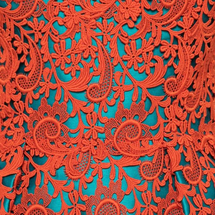 Pre Owned Oscar de la Renta Teal & Orange Lace Overlay Strapless Dress XS