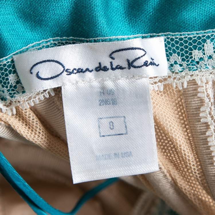 Pre Owned Oscar de la Renta Teal & Orange Lace Overlay Strapless Dress XS