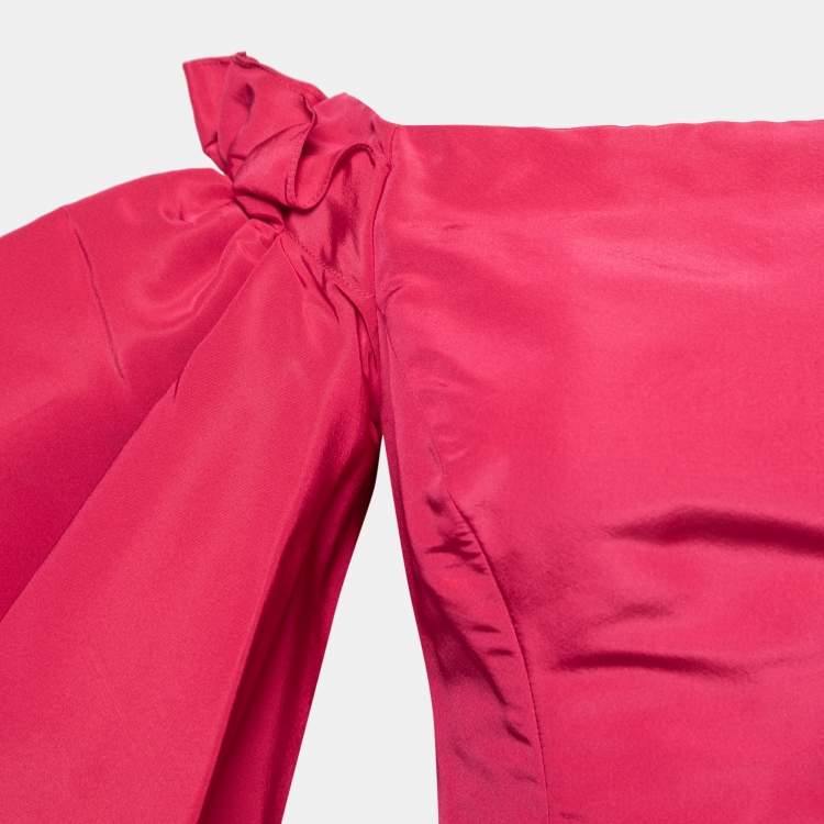 Pre Owned Oscar de la Renta Pink Silk Off-Shoulder Flutter Sleeve Long Dress M