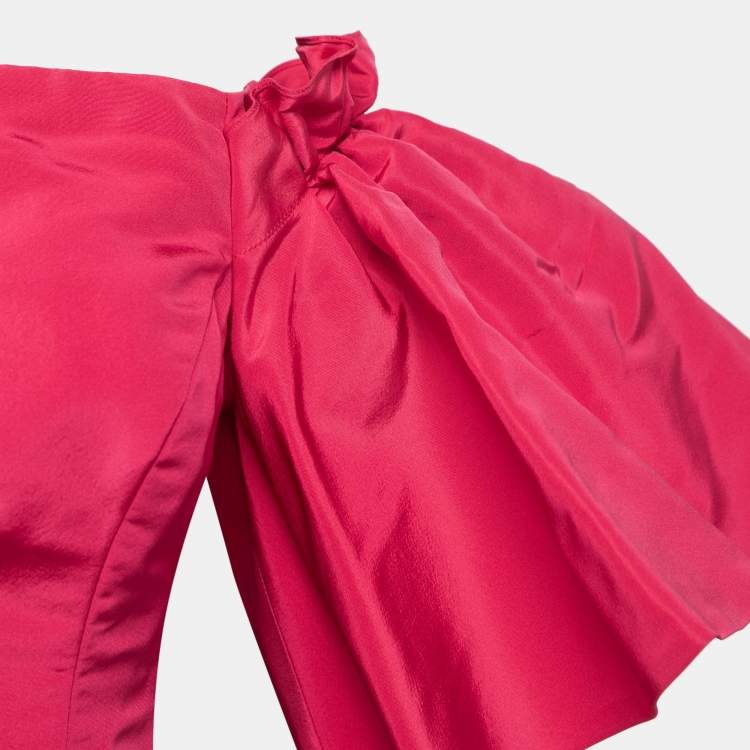 Pre Owned Oscar de la Renta Pink Silk Off-Shoulder Flutter Sleeve Long Dress M