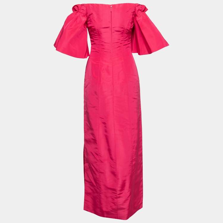 Pre Owned Oscar de la Renta Pink Silk Off-Shoulder Flutter Sleeve Long Dress M