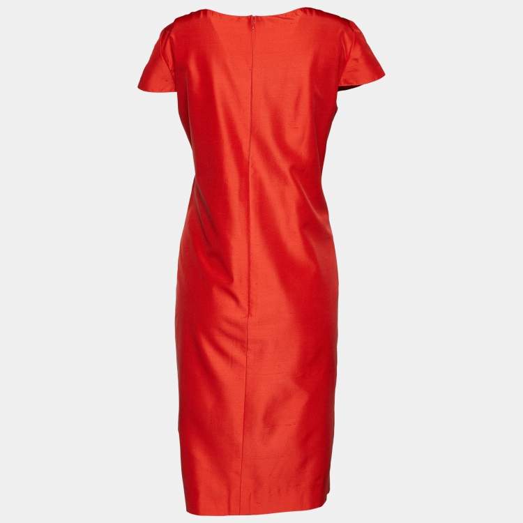 Pre Owned Oscar de la Renta Orange Silk Pleated Detail Midi Dress L