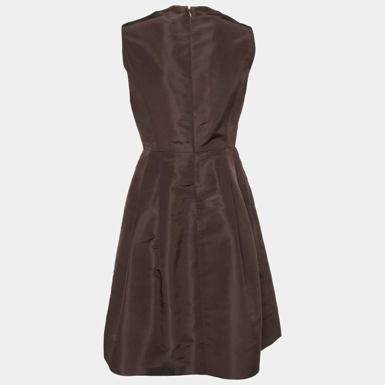 Pre Owned Oscar de la Renta Brown Silk Pleated Midi Dress M
