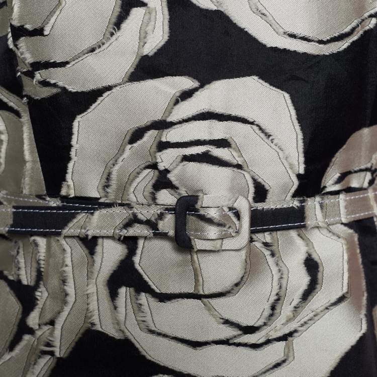 Pre Owned Oscar de la Renta Black Floral Jacquard Silk Belted Midi Dress M