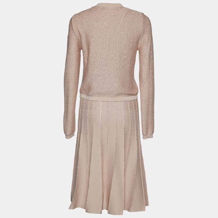 Pre Owned Oscar de la Renta Dusty Pink Sequined Knit Cardigan & Midi Dress M