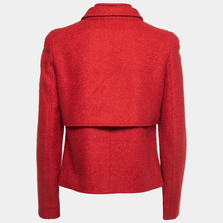 Pre Owned Oscar de la Renta Red Wool & Llama Amethyst Brooch Zip-Up Jacket S