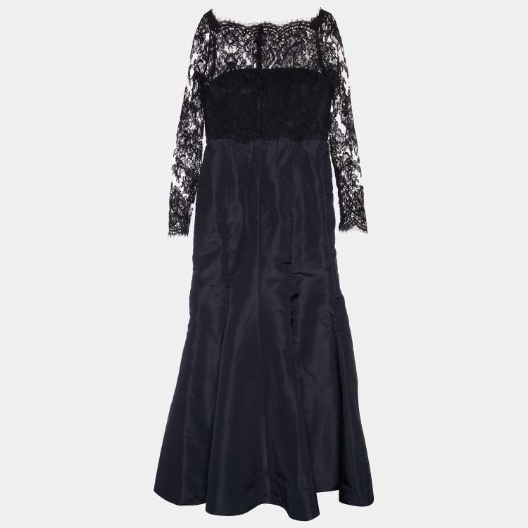 Pre Owned Oscar de la Renta Navy Blue Silk Taffeta & Lace Boat Neck Gown L