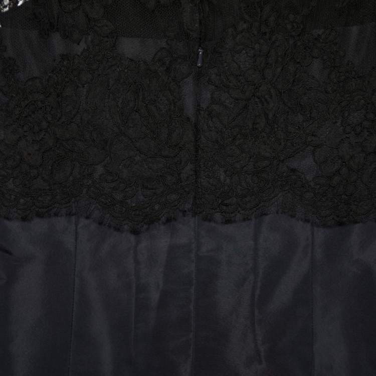 Pre Owned Oscar de la Renta Navy Blue Silk Taffeta & Lace Boat Neck Gown L
