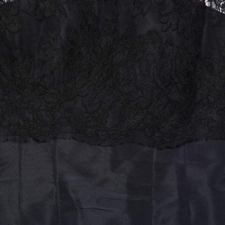 Pre Owned Oscar de la Renta Navy Blue Silk Taffeta & Lace Boat Neck Gown L