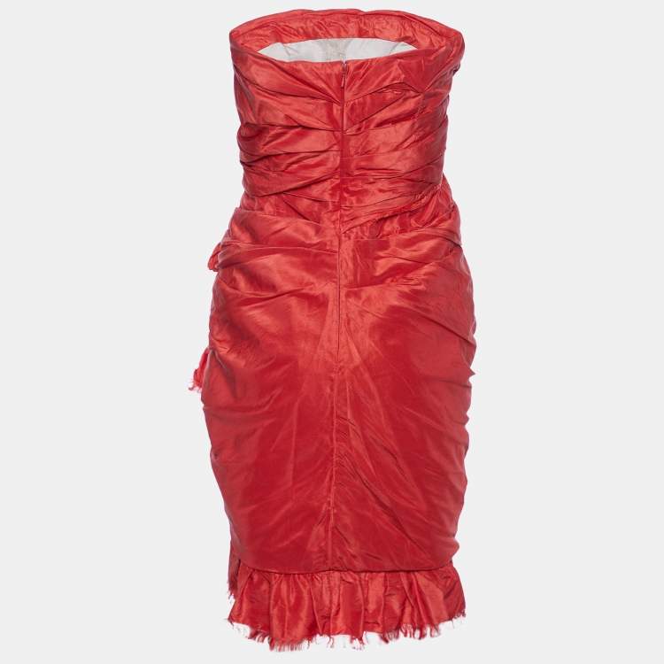 Pre Owned Oscar de la Renta Red Silk Ruched Bow Detail Strapless Mini Dress L