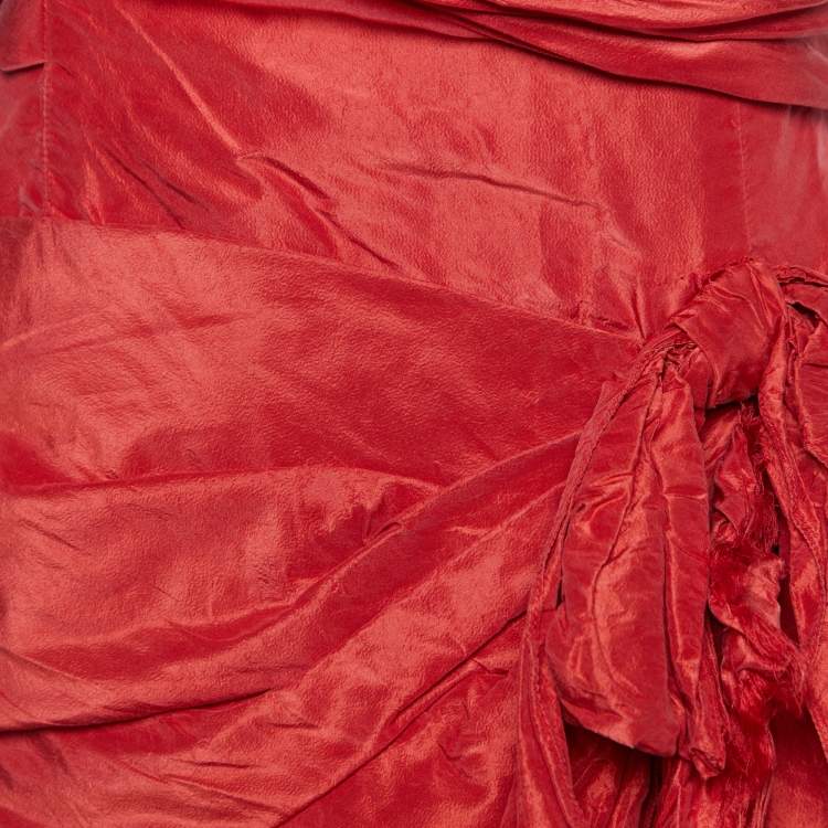 Pre Owned Oscar de la Renta Red Silk Ruched Bow Detail Strapless Mini Dress L