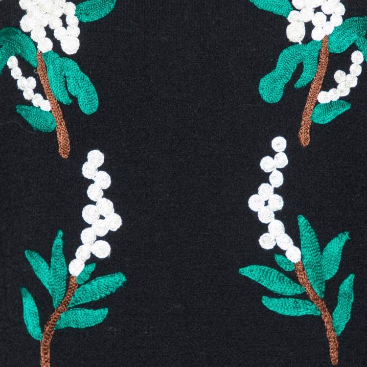 Pre Owned Oscar de la Renta Black Floral Embroidered Wool Midi Dress XL