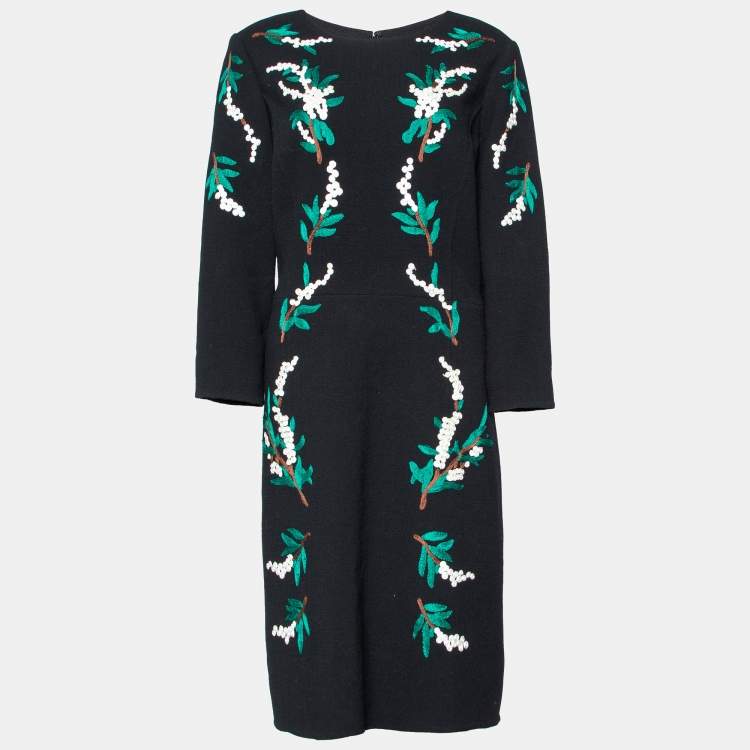 Pre Owned Oscar de la Renta Black Floral Embroidered Wool Midi Dress XL