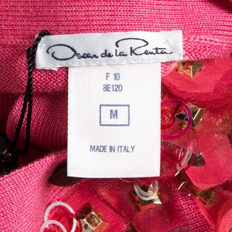 Pre Owned Oscar de la Renta Pink Embellished Cashmere and Silk Knit Button Front Cardigan M