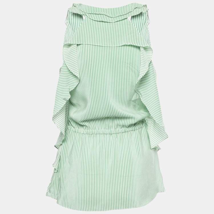 Pre Owned Oscar de la Renta White/Green Striped Silk Ruffled Sleeveless Top M