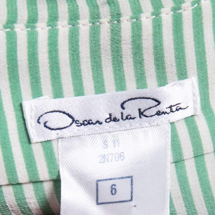 Pre Owned Oscar de la Renta White/Green Striped Silk Ruffled Sleeveless Top M